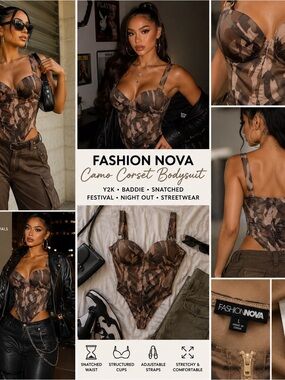 Fashion Nova Camo Corset Bodysuit Large Y2K Bustier Festival Club Bustier Baddie